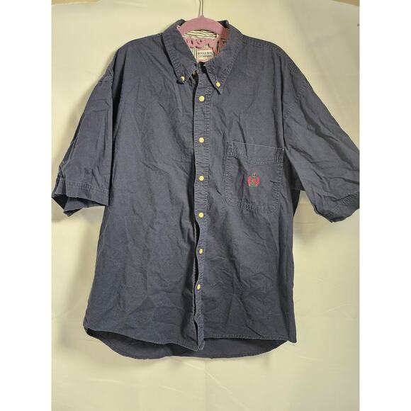 Bugle Boy Mens Shirt Large Navy Blue Crest Logo Button Down Short Sleeve VTG 90s - Picture 1 of 14